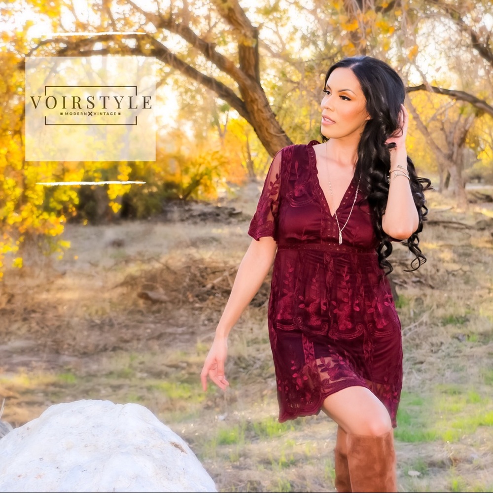 BOHO CHIC LACE DEEP V MIDI DRESS